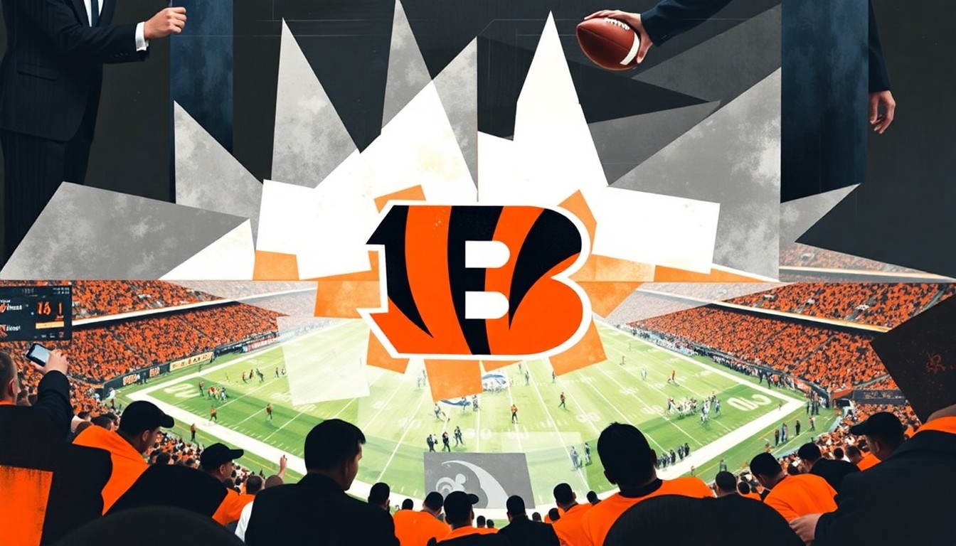 A cubist, geometric painting featuring fragmented, overlapping shapes in the Bengals' team colors, conceptually representing the complex decisions facing the franchise as they approach the upcoming NFL Draft.