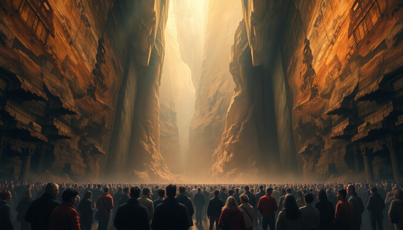 A vast, majestic indoor space with dramatic lighting and atmospheric perspective, capturing a group of people gathered together in a shared experience, dwarfed by the scale of their surroundings.