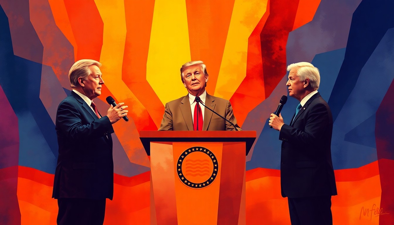 A vibrant, abstract painting depicting three overlapping, fractured figures at a podium, representing the three Democratic candidates in the Ohio House District 7 primary election.