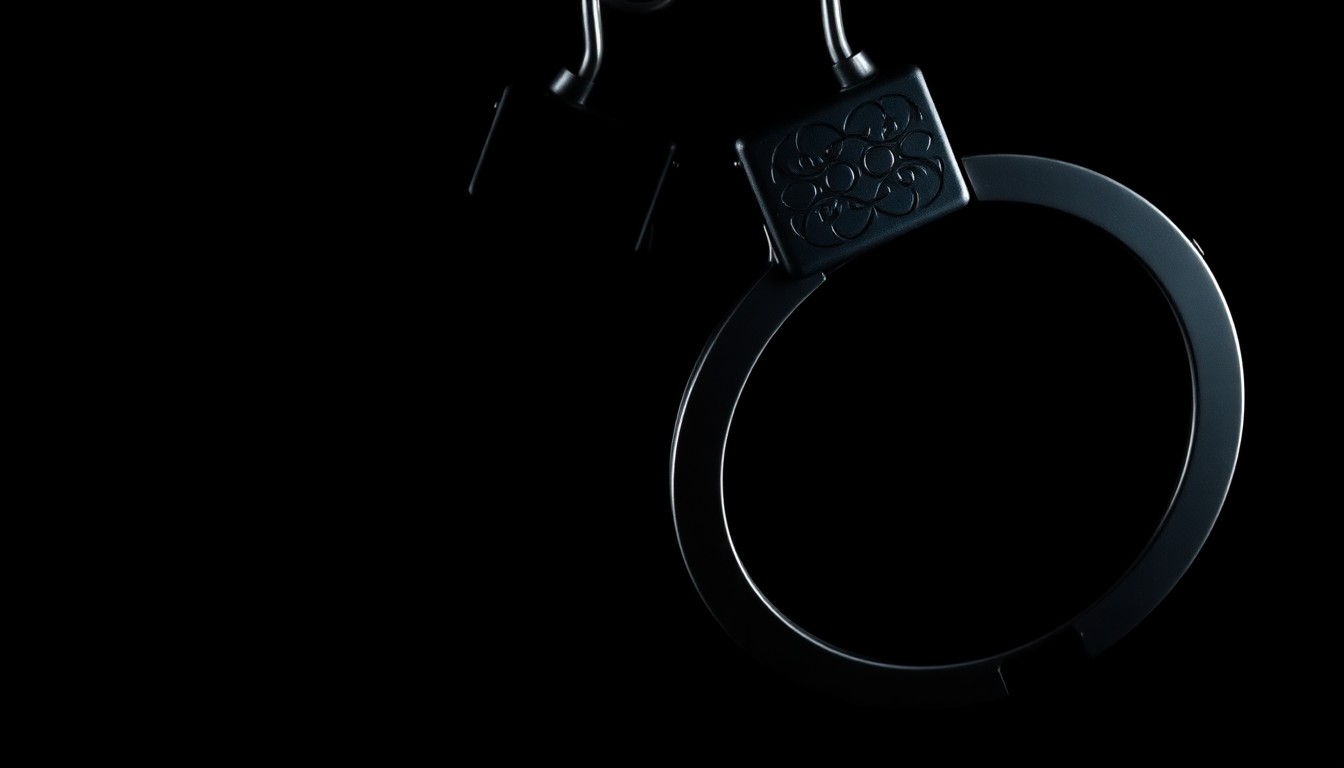An extreme close-up photograph of a pair of handcuffs against a pitch-black background, creating a stark, gritty, investigative aesthetic that conceptually represents the serious nature of the charges against the former public official.