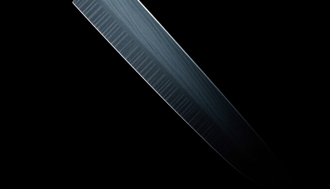 An extreme close-up of a knife blade reflecting a bright, harsh light, conceptually illustrating the violent nature of the crime without depicting any actual violence or victims.