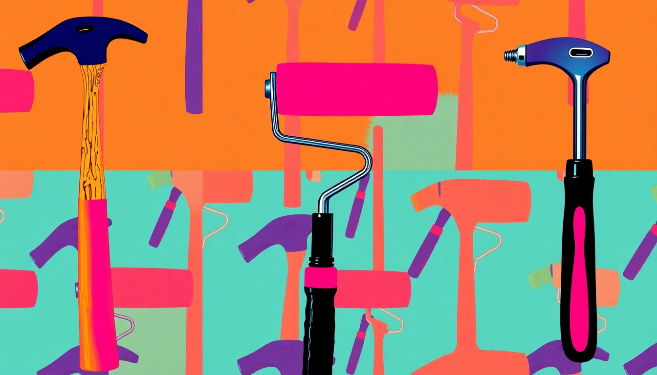 A vibrant, abstract grid of brightly colored home renovation tools like hammers, paint rollers, and screwdrivers, conceptually representing the collaborative effort to rehabilitate a home for an affordable housing project.