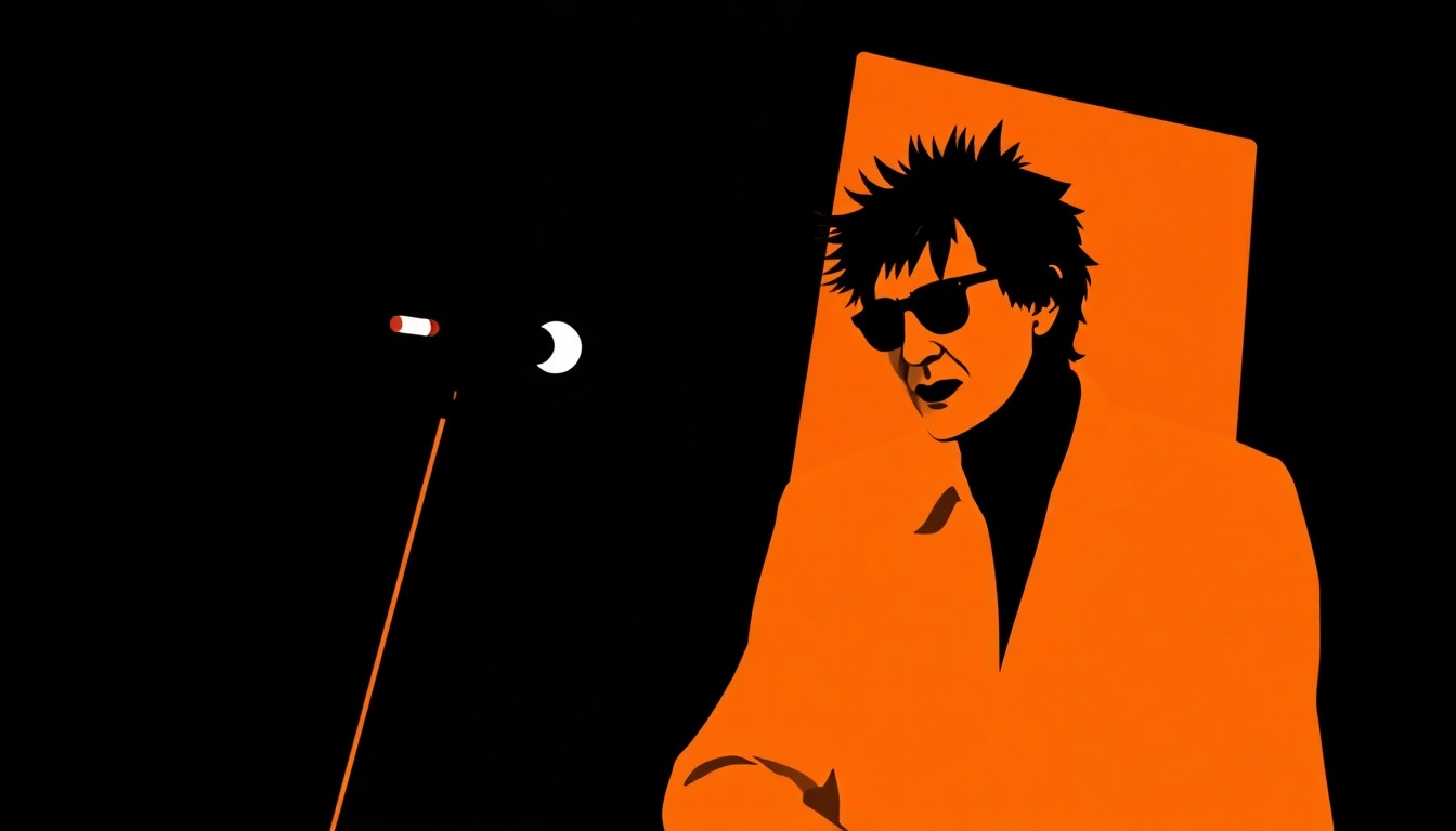 A bold, graphic composition using stark, jagged geometric cut-out shapes and limited, high-contrast solid colors to abstractly represent David Byrne's iconic music and performance style.