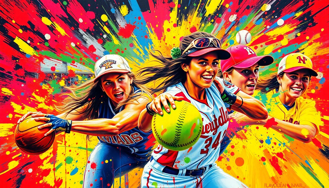 A vibrant, energetic painting featuring dynamic brushstrokes and neon colors that capture the raw athletic energy and motion of a high school softball game, with players' faces and details dissolving into abstract splatters of color.