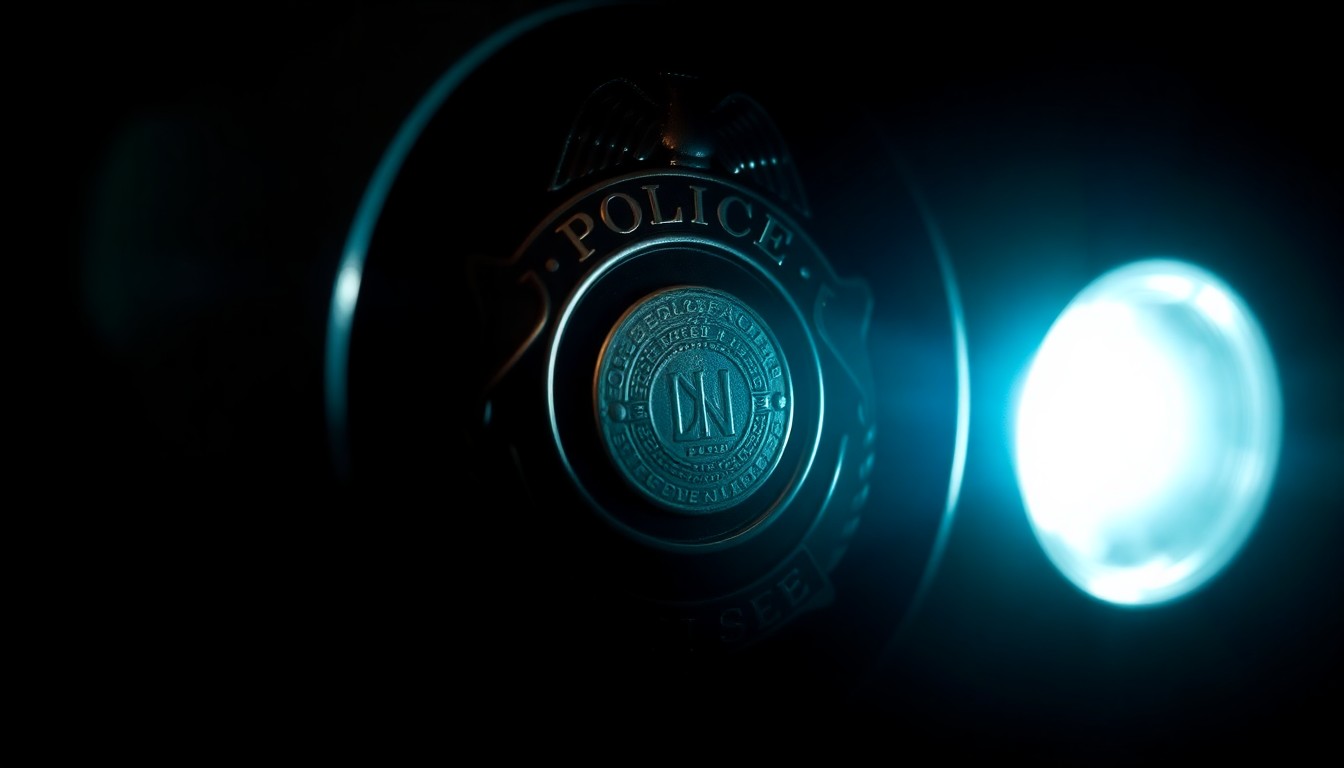 An extreme close-up photograph of a police badge or other law enforcement equipment, lit by a harsh, direct camera flash against a pitch-black background, creating a stark, gritty, investigative aesthetic.