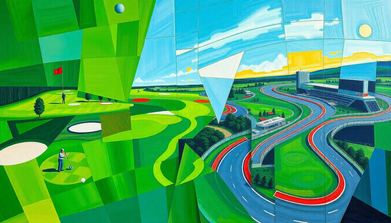 A cubist, geometric painting depicting a golf course and race track, with overlapping shapes and planes in vibrant colors, conceptually representing the fusion of these two sports at the ONEflight Myrtle Beach Classic.