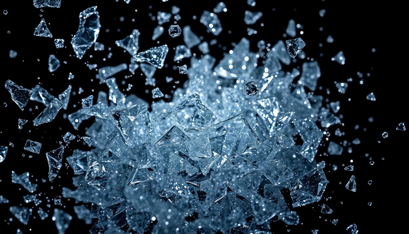 An extreme close-up photograph of shattered glass and glittering crystal textures in dramatic high-contrast studio lighting, conceptually representing the glamour and prestige of the cocktail industry awards.