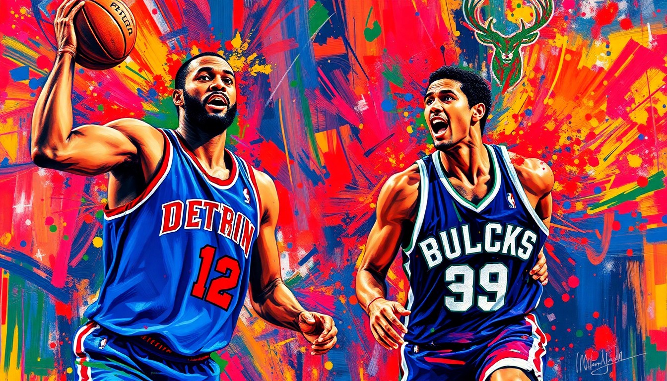 A dynamic, abstract painting in neon colors depicting the fast-paced action of an NBA basketball game, with players' forms blending together in a flurry of energetic brushstrokes.