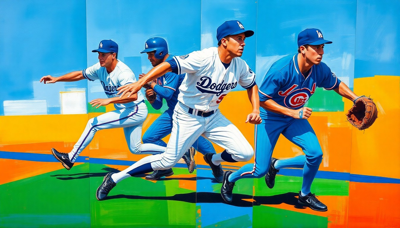 A fragmented, geometric painting depicting the dynamic movements and energy of a baseball player stealing a base, rendered in a cubist style with overlapping planes of bright blue and red colors.