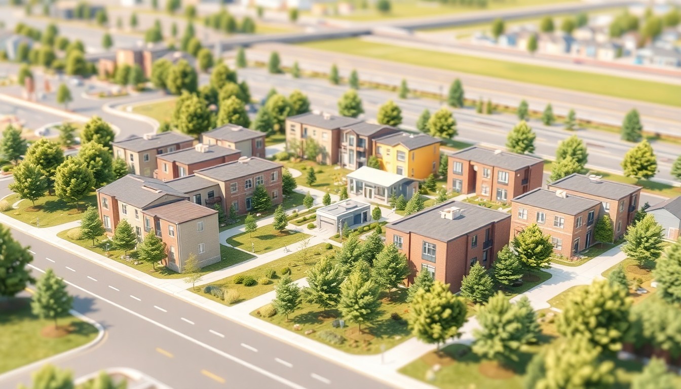 A stylized, isometric 3D digital illustration depicting a cluster of modern, pastel-colored apartment buildings and townhomes surrounded by lush greenery, with a central amenity building and a glimpse of the nearby freeway in the background, representing the new residential developments planned for Nampa's Sugar District.