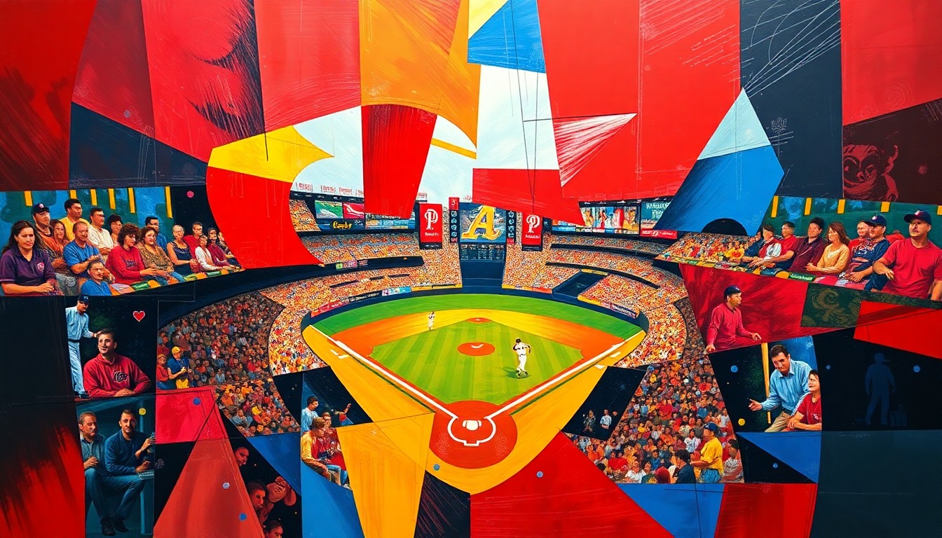 A cubist, geometric painting depicting a baseball game in motion, with overlapping shapes and planes of color representing the dynamic action on the field.