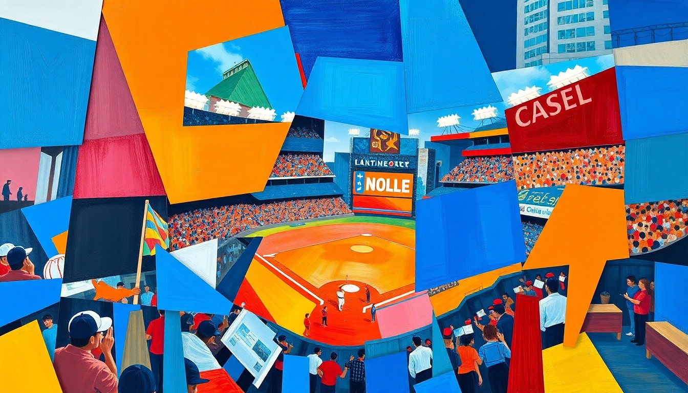 A cubist-style painting featuring overlapping geometric shapes and planes in vibrant colors, conceptually representing the close relationship between two baseball players.