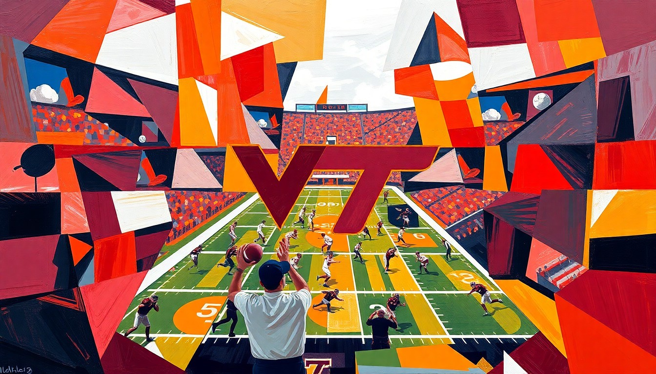 A fragmented, geometric painting in shades of maroon, orange, and white, depicting the chaotic movement and action of a football game or spring practice, with no recognizable figures or text.