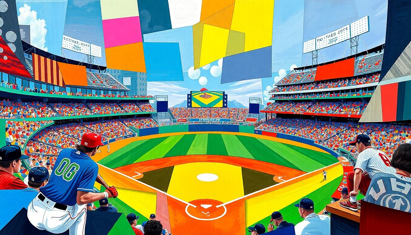 A fractured, geometric painting in bold colors representing the unusual baseball game where the first 10 runs were scored without a hit, capturing the raw energy and unpredictability of the sport.