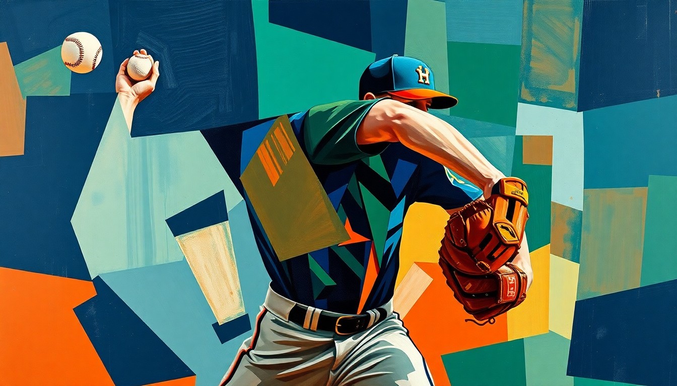 A cubist, geometric painting depicting the fractured motion of a baseball pitcher, with sharp planes of navy blue, forest green, and burnt orange representing the Houston Astros' team colors.