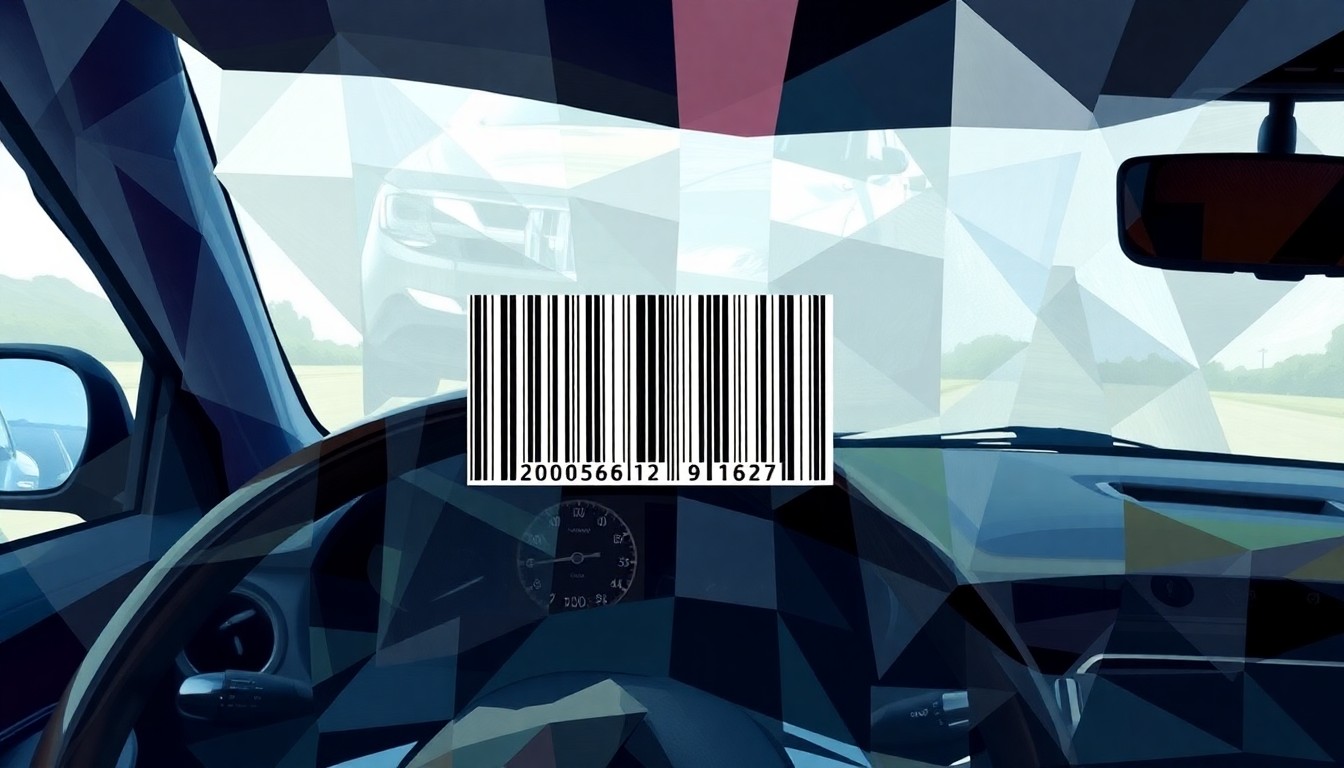 A vibrant, abstract painting featuring overlapping geometric shapes and patterns in shades of blue, green, and yellow, conceptually representing a car dashboard with a barcode or QR code as the focal point.