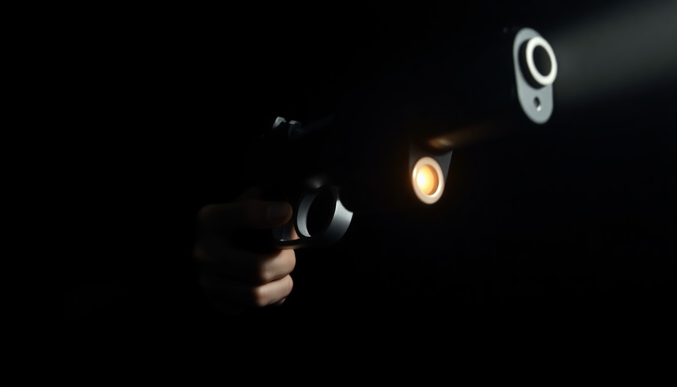 An extreme close-up photograph of a modified handgun with an illegal switch, lit by a harsh, direct camera flash against a pitch-black background, conveying a stark, gritty, investigative aesthetic.