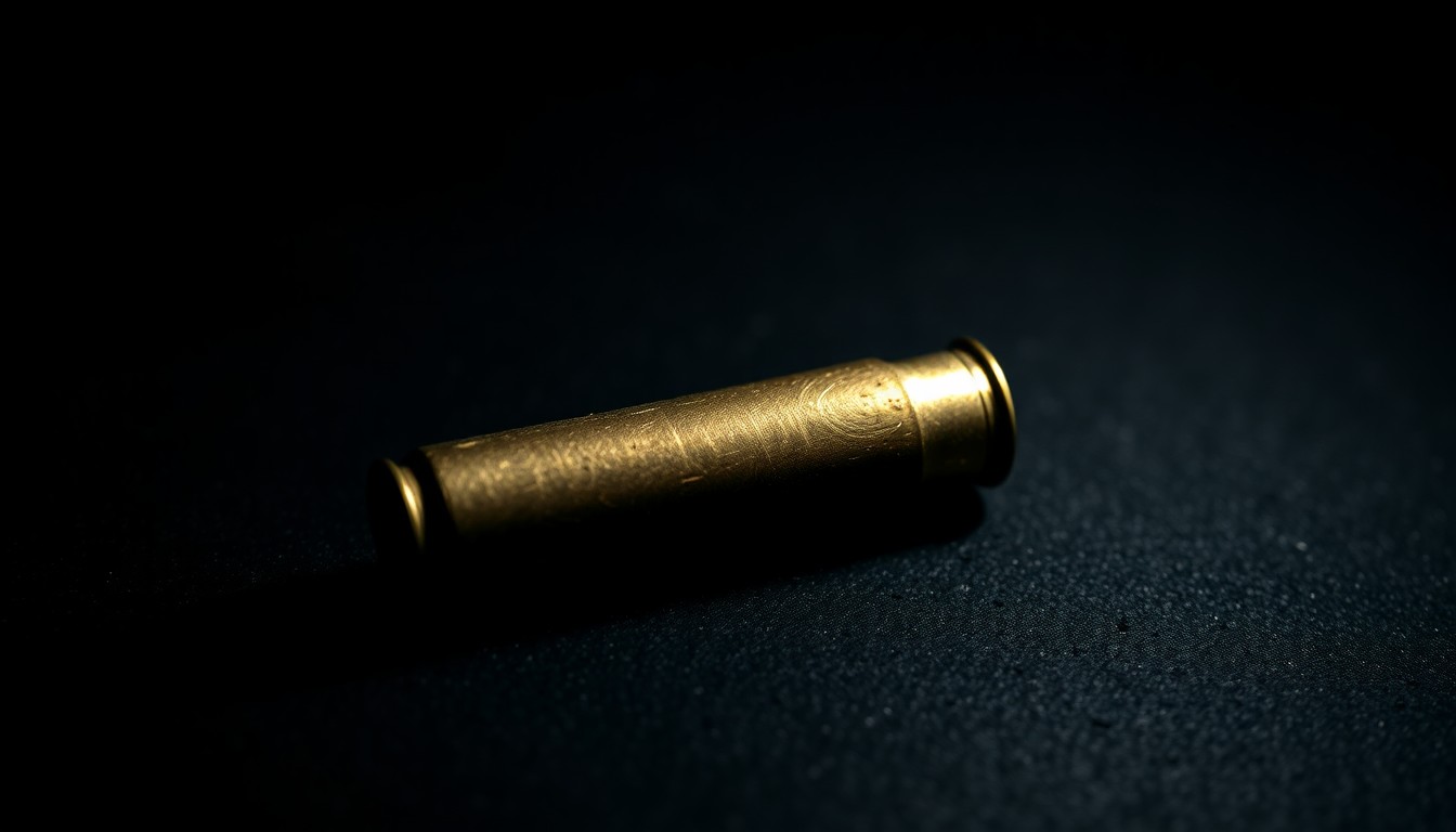 An extreme close-up photograph of a single spent bullet casing on a dark, textured surface, lit by a harsh, direct camera flash, conceptually representing the physical evidence from a recent shooting incident.