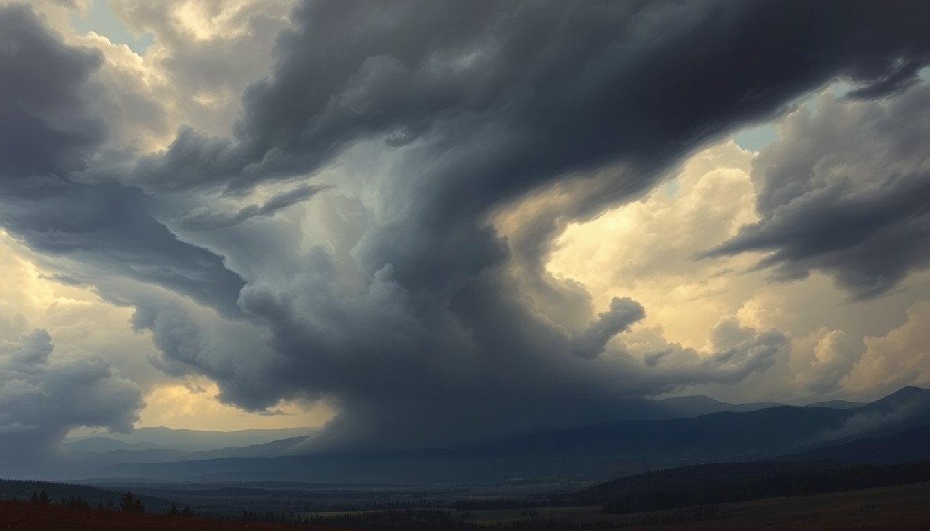 A sweeping, atmospheric landscape painting depicting a massive thunderstorm system moving across a Northern California valley, with only faint silhouettes of trees and buildings dwarfed by the towering, turbulent clouds.