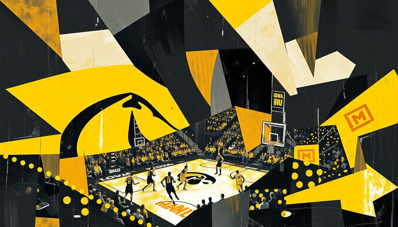 A fragmented, cubist-style painting depicting an Iowa basketball game, with the players and court broken down into sharp, overlapping geometric shapes in the team's colors of black, gold, and white.