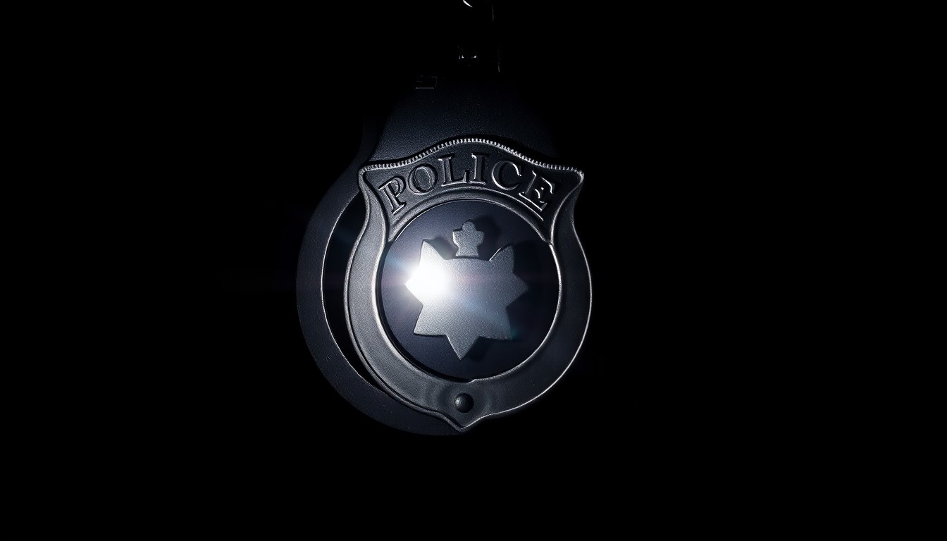 An extreme close-up photograph of a police badge or handcuffs lit by a harsh, direct camera flash against a pitch-black background, creating a stark, gritty, investigative aesthetic.