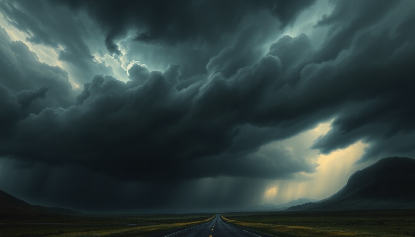 A vast, atmospheric landscape painting in muted tones of gray and blue, with a small road or bridge barely visible in the distance, dwarfed by the sweeping, turbulent clouds above, conveying the overwhelming scale and power of an impending rainstorm.