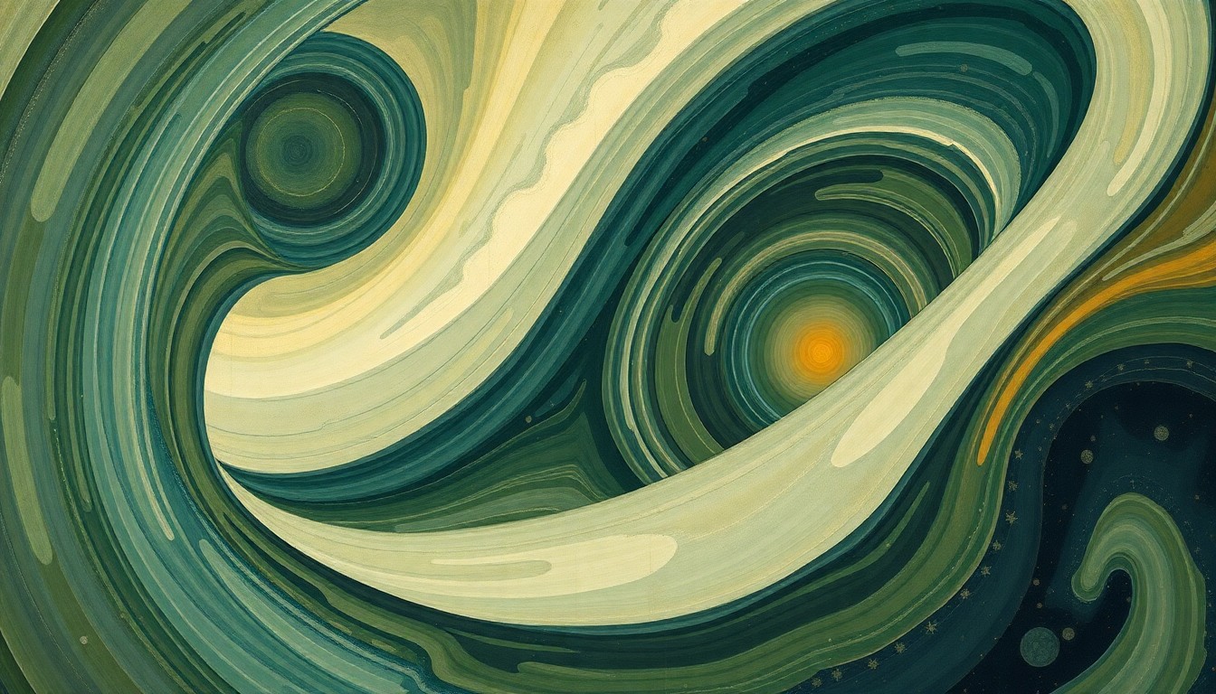 A bold, abstract painting in muted earth tones depicting sweeping geometric arcs, concentric circles, and precise spirals, representing the intricate scientific forces and natural phenomena within Montana's skies.