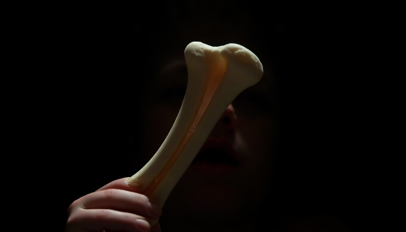 An extreme close-up photograph of a baby's broken bone, lit by a harsh, direct camera flash against a pitch-black background, conveying the stark, gritty reality of the alleged child abuse case.