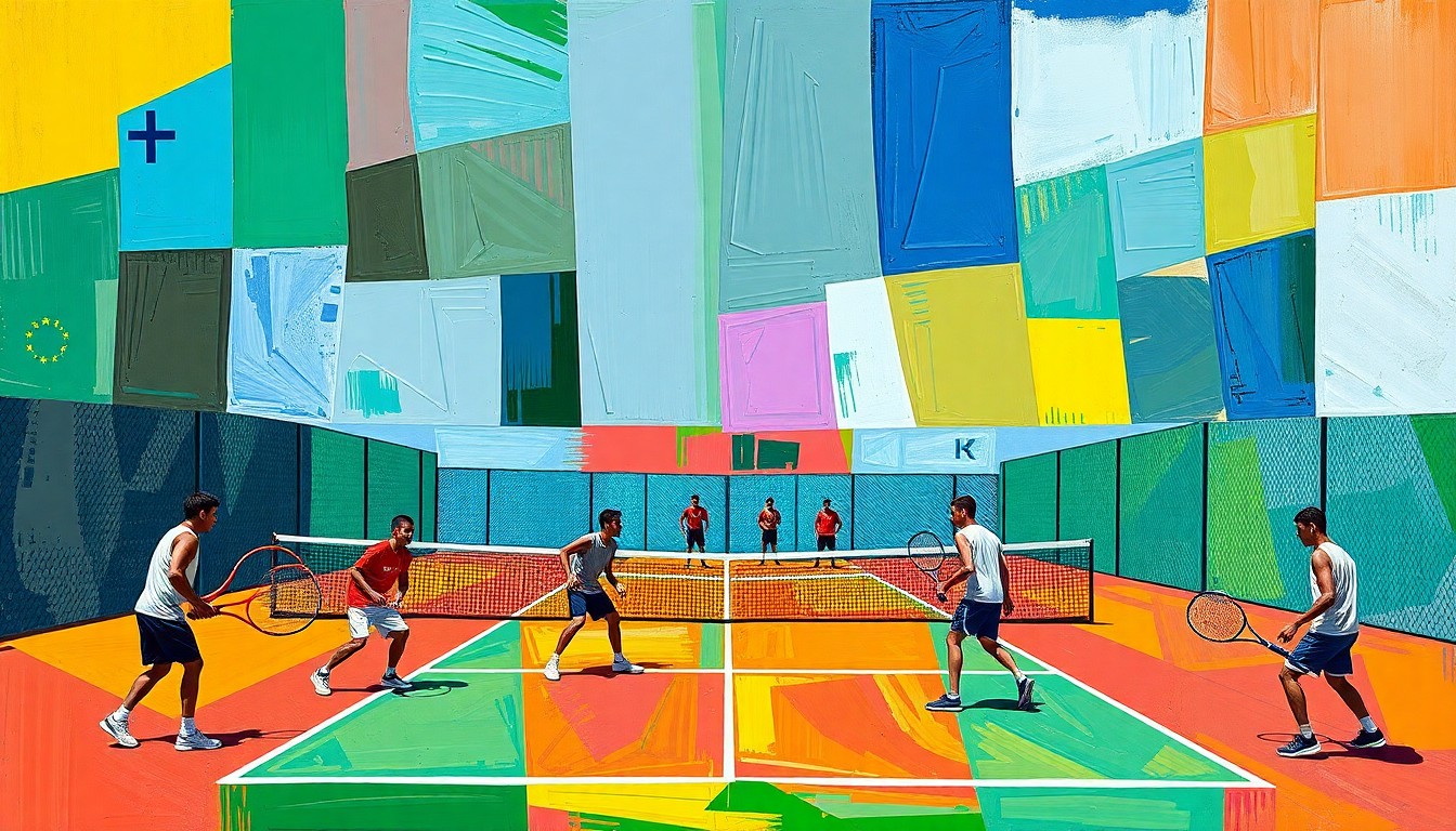 A cubist-style painting depicting a high school boys tennis match, with the players and court broken down into sharp, overlapping geometric shapes in vibrant colors, conveying the dynamic energy of the sport.