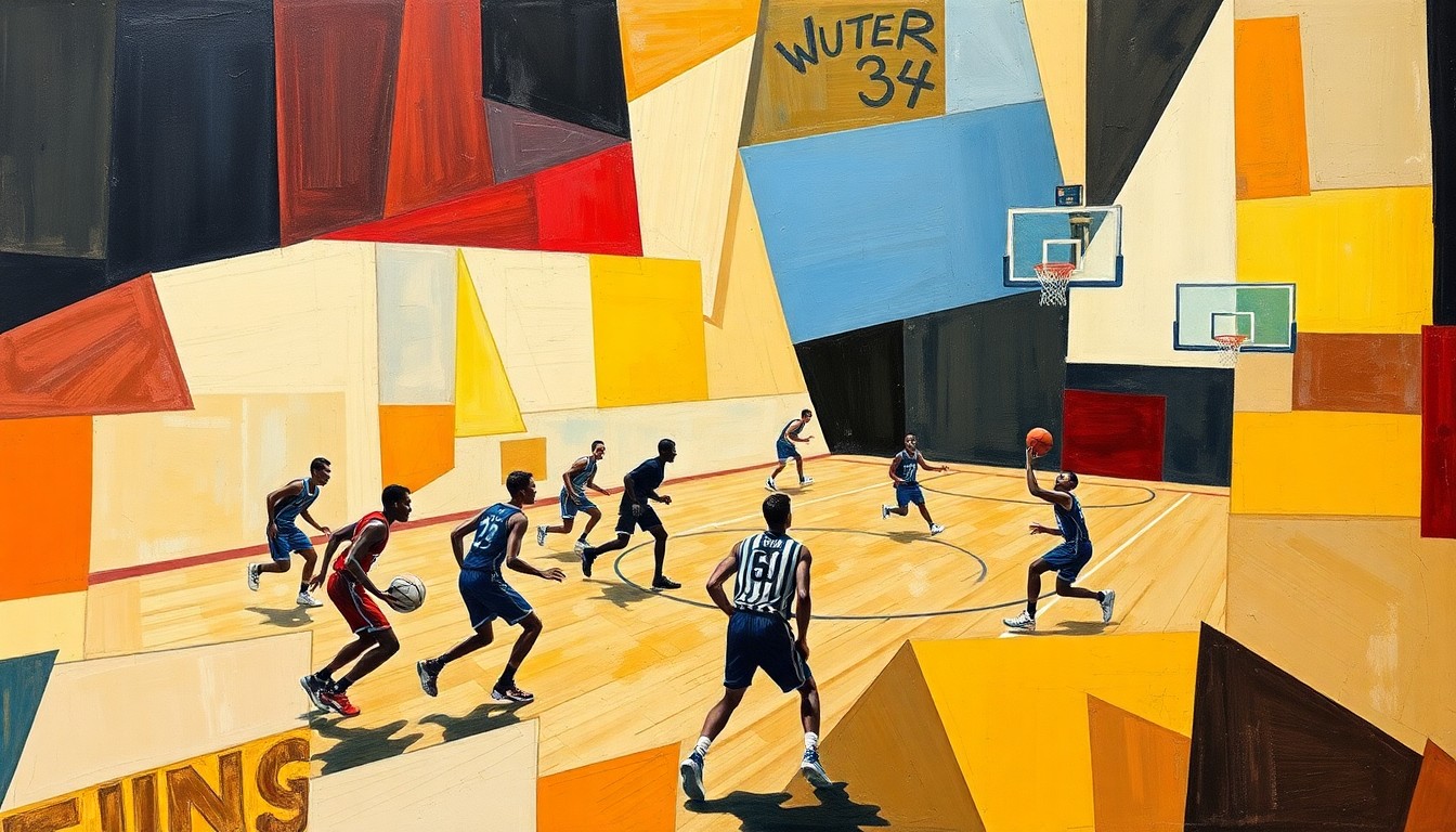 A cubist, geometric painting depicting the dynamic movements and energy of a high school basketball game, with the players and court deconstructed into overlapping planes of color and shape.