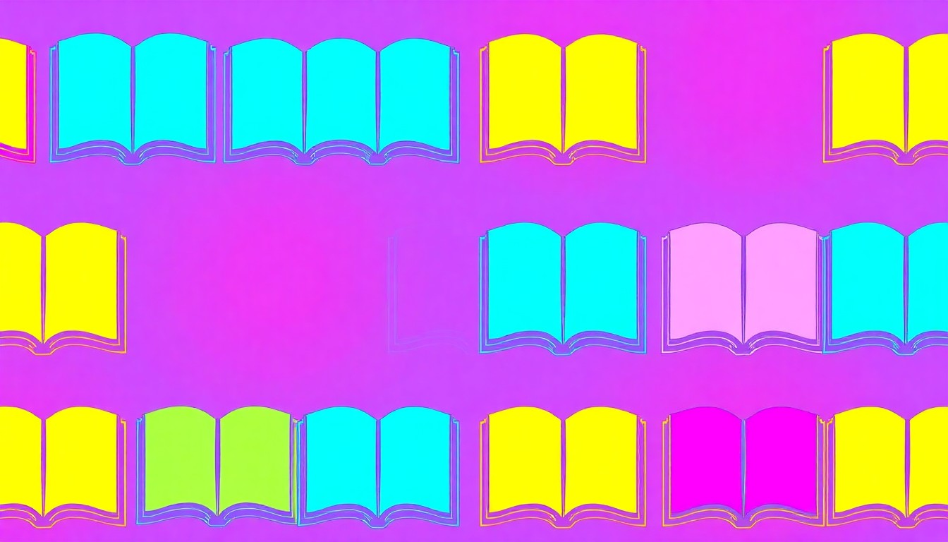 A repeating grid pattern of a stylized open book icon in bright neon colors, conceptually representing the expanded resources and services of the relocated Elk Grove Library.