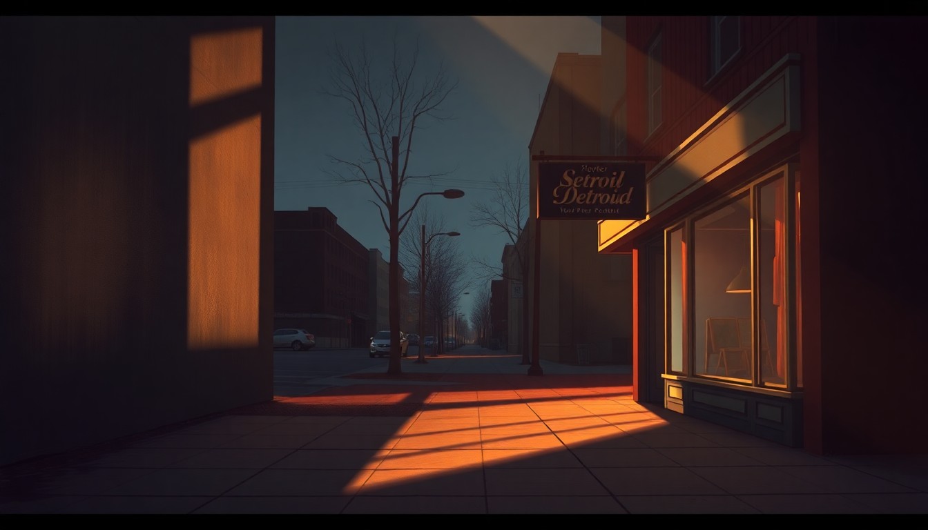 A serene, photorealistic painting of an empty Detroit sidewalk lined with storefronts, the scene bathed in warm, golden light and deep shadows, conveying a sense of urban nostalgia and the potential for more pedestrian-friendly development.