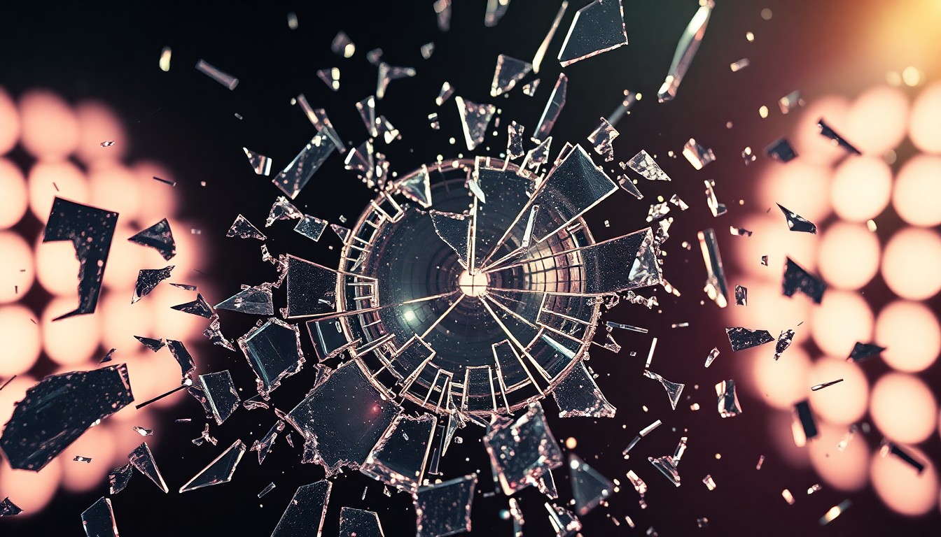An extreme close-up of shattered glass reflecting dramatic studio lighting, conceptually representing the fractured, over-the-top nature of the 'Euphoria' TV series.