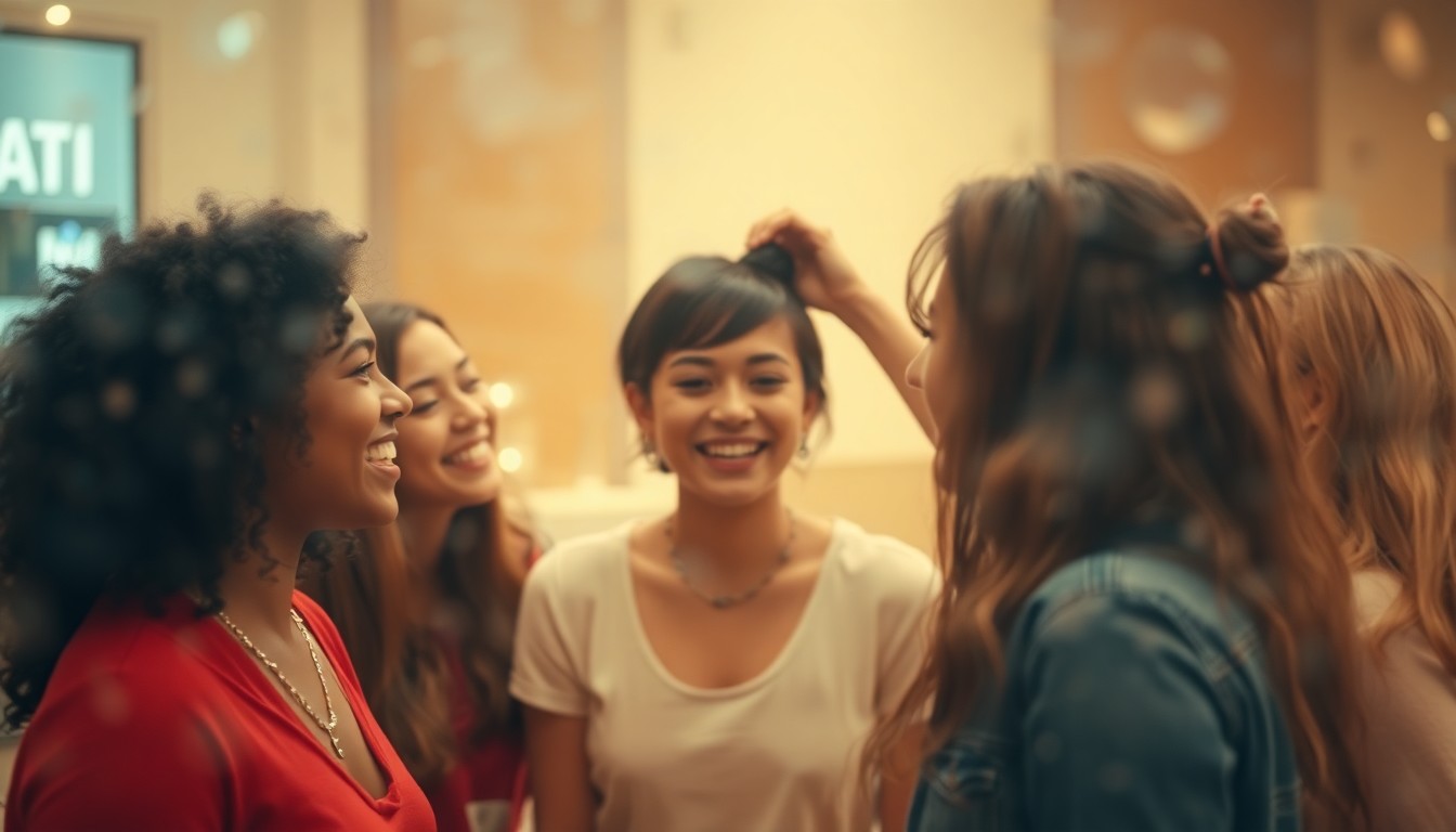 An abstract, dreamlike scene of blurred, colorful shapes representing people interacting and styling hair, conveying a sense of community, care, and self-expression.