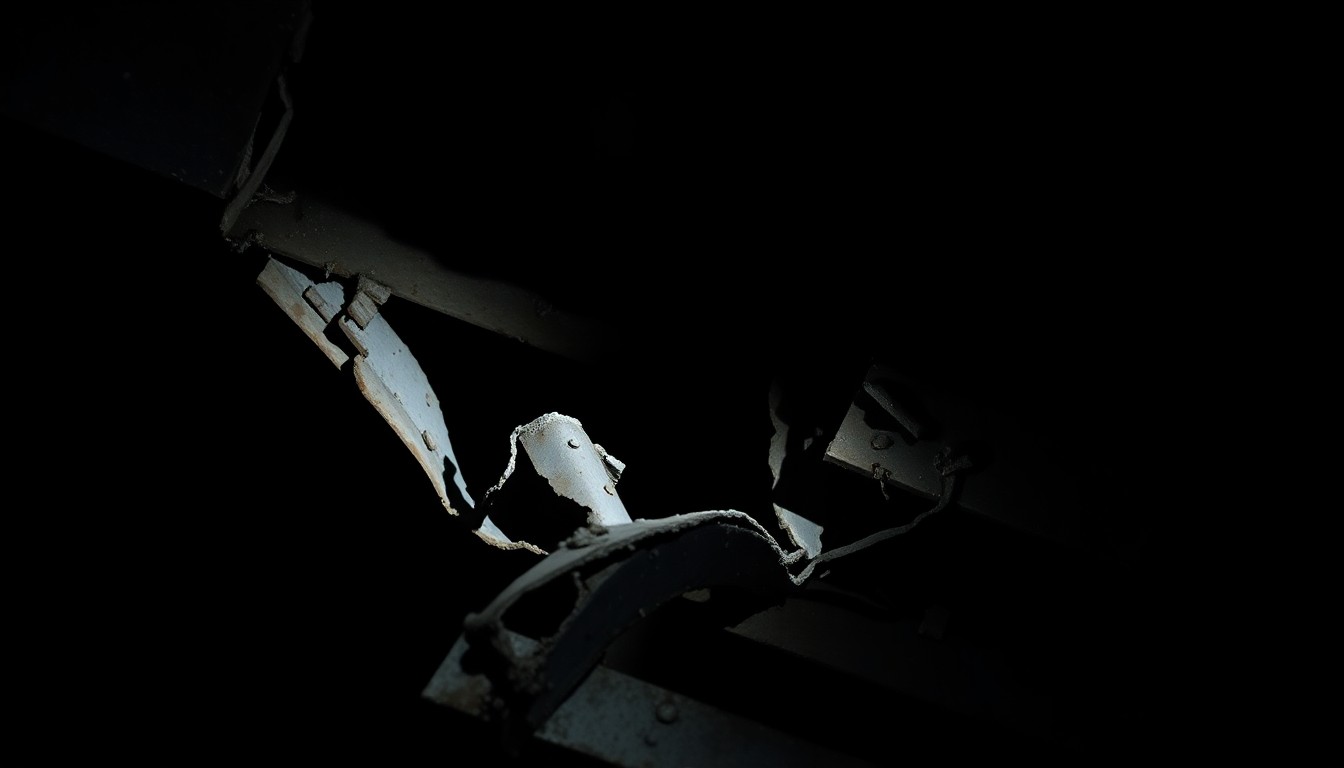 An extreme close-up photograph of a crumpled, twisted metal support beam from a collapsed structure, lit by a harsh, direct camera flash against a pitch-black background, conveying a sense of investigation and urgency around this tragic event.