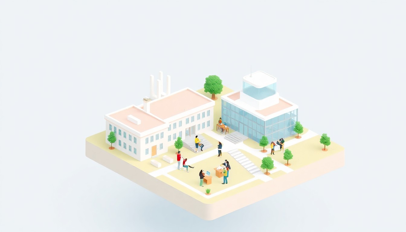 A minimalist, isometric 3D illustration depicting a stylized university campus with students working on various projects, conceptually representing the collaborative spirit of the AHA! Startup Competition.