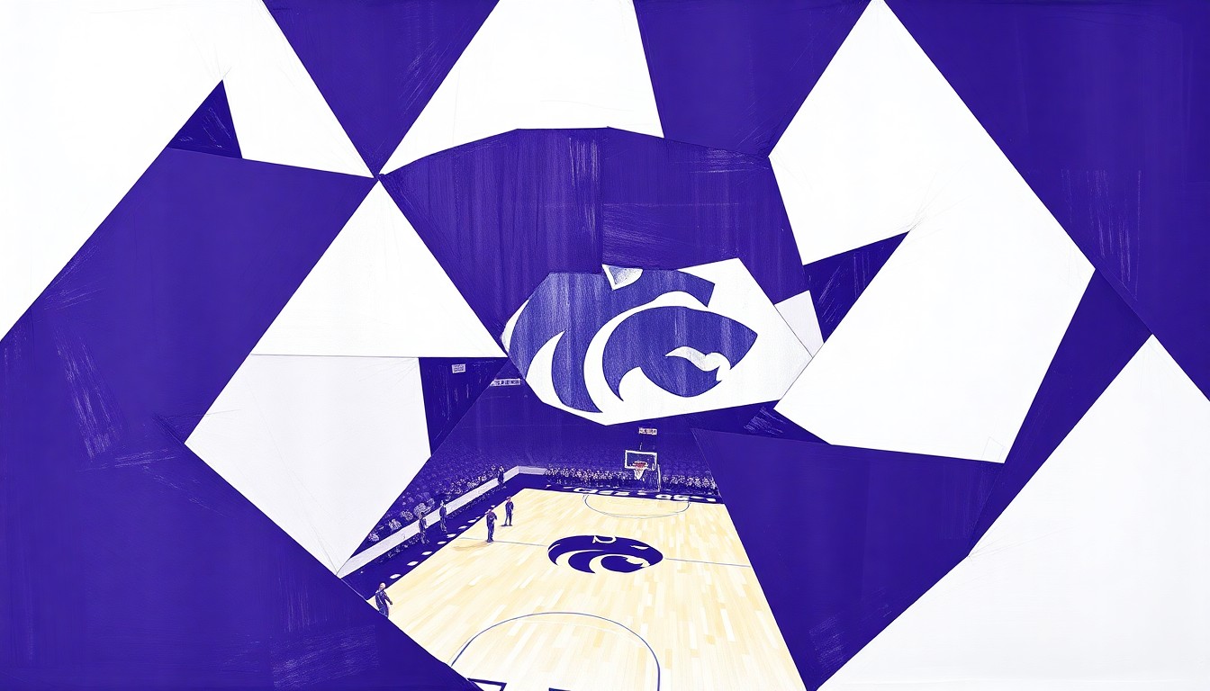 A cubist, geometric painting featuring overlapping planes of royal purple and white, conceptually representing the strategic planning and leadership of a college basketball coaching staff.