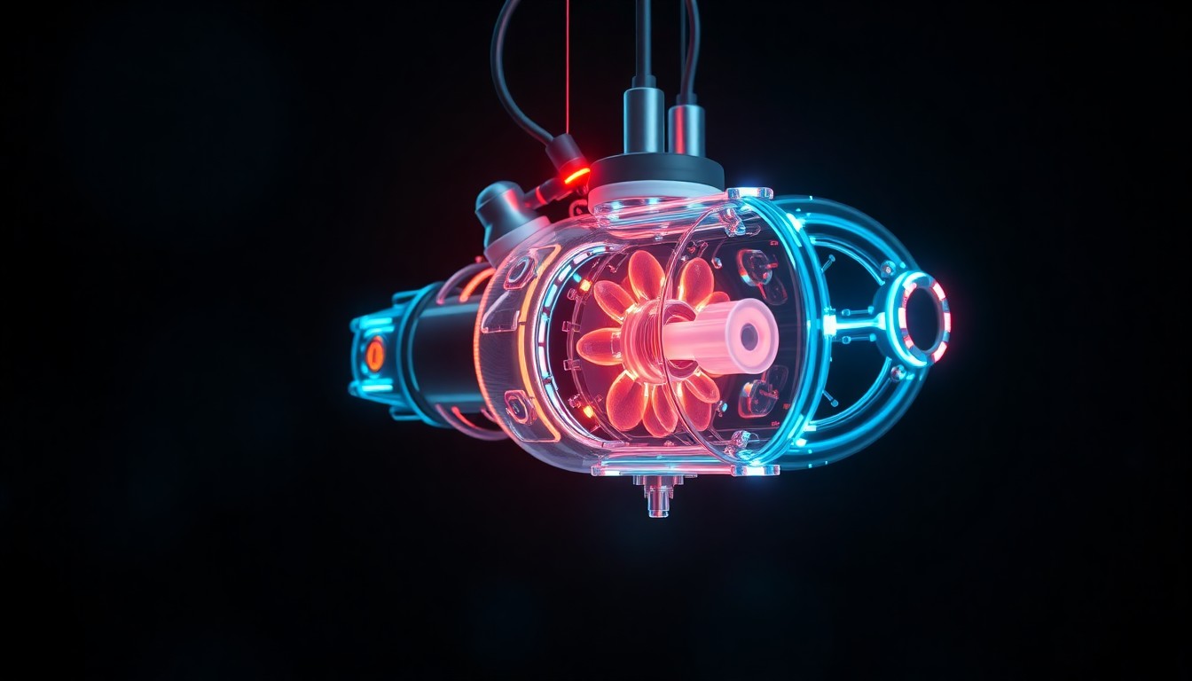 A highly detailed, glowing 3D illustration of a futuristic, illuminated medical device with intricate cybernetic components and pulsing neon lights, symbolizing the integration of digital technology and advanced drug delivery systems.