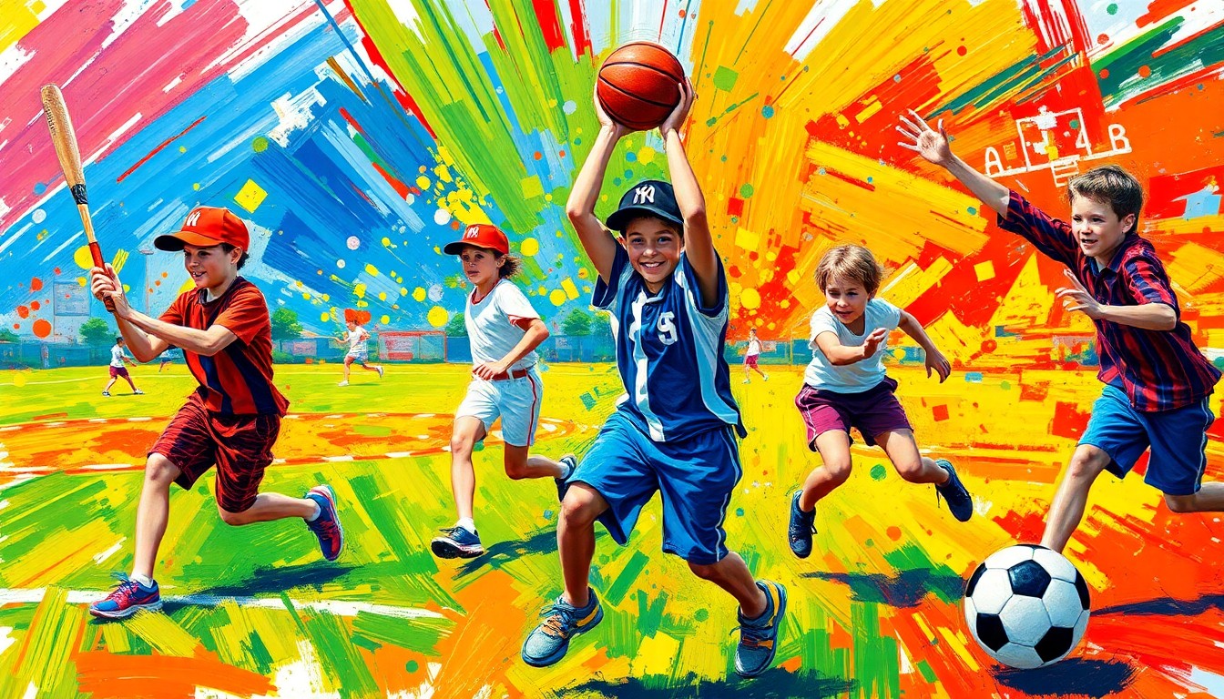 A dynamic, abstract painting featuring bold, energetic brushstrokes in neon shades of blue, green, and orange, capturing the vibrant movement and spirit of children playing various summer sports.
