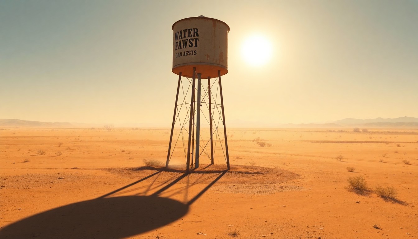 A solitary, weathered water tower standing tall against a backdrop of a dusty, sun-drenched Western landscape, casting long shadows across the parched earth and evoking a sense of isolation and the fragility of water resources.