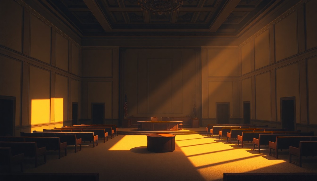 A dimly lit, cinematic painting of an empty city council chamber, with warm sunlight streaming through the windows and deep shadows cast across the desks and chairs, conveying a sense of quiet contemplation and civic responsibility.