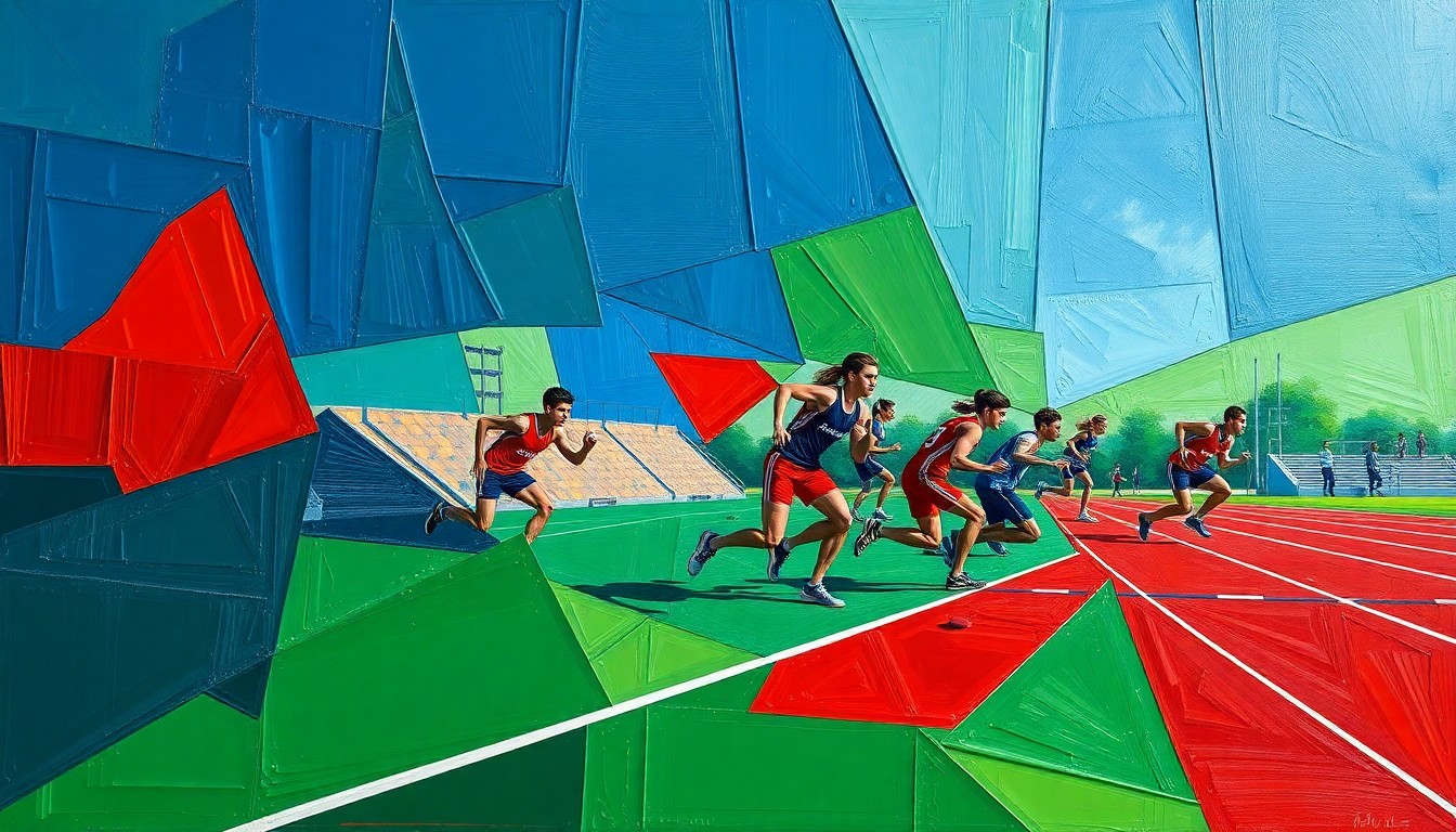 A cubist-style painting depicting a high school track and field competition, with the athletes and events fragmented into sharp, overlapping geometric shapes in a vibrant color palette, capturing the energy and competitive spirit of the event.