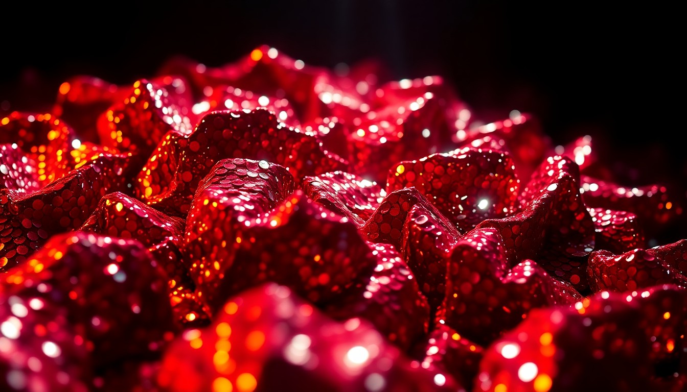 An extreme close-up photograph of crumpled, glittering sequins in high-contrast studio lighting, evoking the glitz and energy of a rock concert.