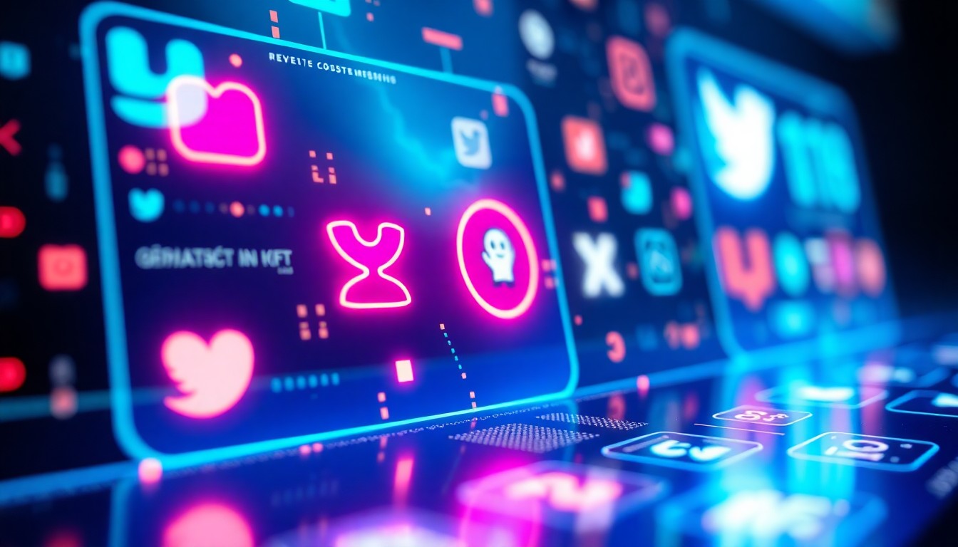 A highly detailed 3D illustration of a glowing, neon-lit social media interface with abstract digital elements, representing the Greek government's efforts to regulate youth access to these platforms.