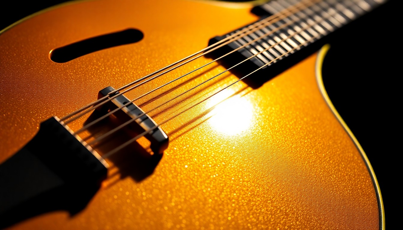 An extreme close-up photograph of a shimmering, golden mandolin, capturing the intricate textures and dramatic lighting to conceptually represent the virtuosity of a classical music performance.