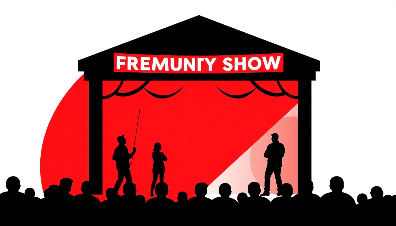 An abstract, minimalist illustration using bold black shapes and bright red and white colors to represent the idea of a community theater offering a free comedy performance.