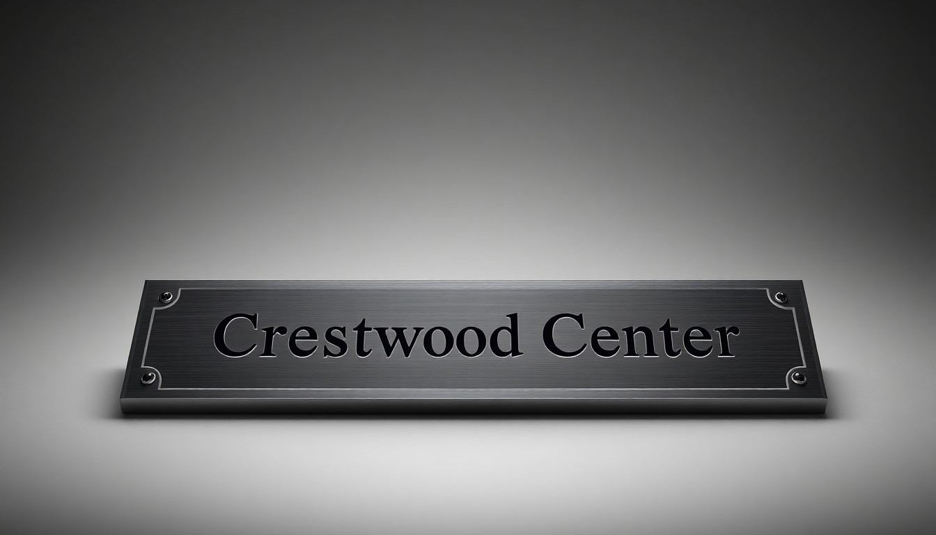 A close-up photograph of a polished metal desk nameplate with the text 'Crestwood Medical Center' engraved on it, set against a clean, minimalist grey background and dramatically lit to highlight the premium materials and craftsmanship.
