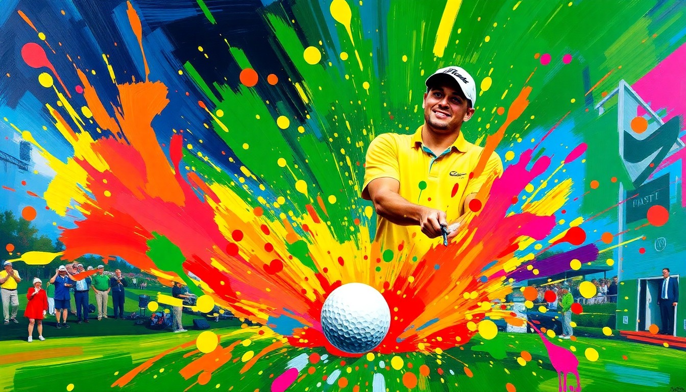 An extreme close-up of a golf ball in mid-flight, surrounded by a swirl of vibrant, textured brushstrokes in neon yellow, orange, and pink, conceptually representing the energy and celebration of a hole-in-one at the Masters Par 3 Contest.