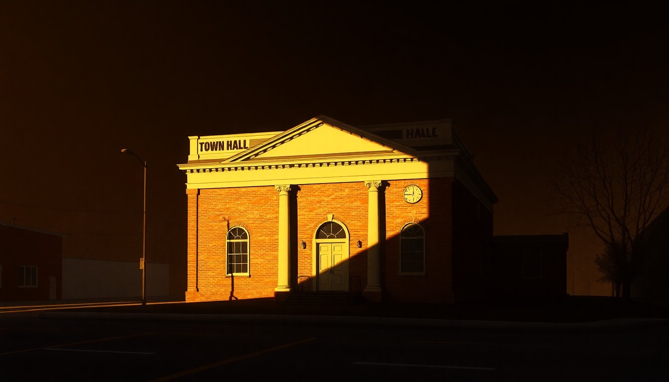 A photorealistic painting of a town hall building in warm, golden light, with deep shadows across the facade, conveying a sense of civic pride and stability despite recent challenges.