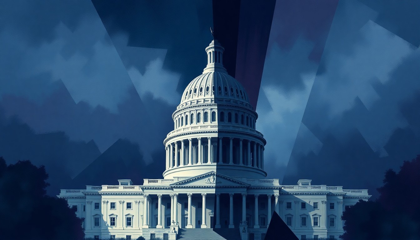 A fractured, abstract painting depicting the U.S. Capitol building in shades of navy, indigo, and violet, conveying the turbulent political dynamics around war powers.